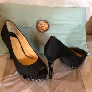 Black Peau de Soie, Rhinestone Stillettos